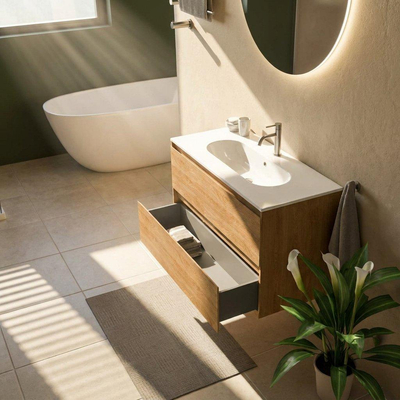 Saniclass Holz Pure Ensemble de meubles de salle de bains - 100x45x73.9cm - lavabo en céramique Chaci blanc - 1 vasque - 1 trou de robinetterie - 2 tiroirs - chêne natural mat (bois)