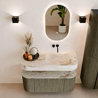 MONDIAZ THOR-DLUX Meuble de salle de bains 110cm arrondi gauche + droite couleur Shadow avec 1 tiroir et 2 portes. Vasque suspendue CLOUD Droite sans trou de robinet couleur Frappe.