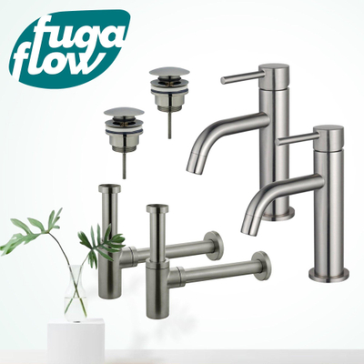 FugaFlow Eccelente Sobrado Slim Kit robinet lavabo - pour double vasque - robinet bas - bonde clic clac - siphon design - Inox brossé PVD