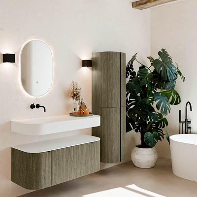 MONDIAZ THOR Meuble de salle de bains 110cm arrondi gauche + droite couleur Shadow avec 1 tiroir et 2 portes. Vasque suspendue CLOUD Gauche sans trou de robinet couleur Talc.