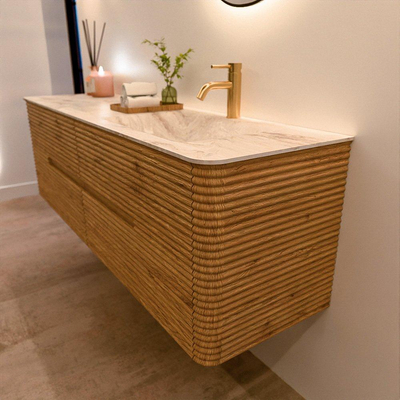 Mondiaz CIRO-DLUX Ensemble de meubles de salle de bains - 160x45x50cm - Plan vasque solid surface Frappe - 1 lavabo à droite - 1 trou de robinet - 4 tiroirs - Chêne
