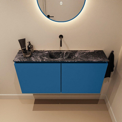 MONDIAZ TURE-DLUX Meuble de toilette 100 cm Jeans. Lavabo EDEN Lava position milieu. Sans trou de robinet.
