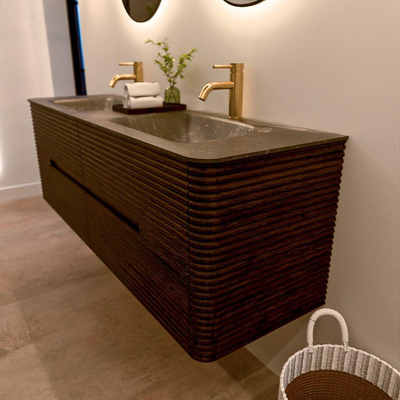 Mondiaz CIRO-DLUX Ensemble de meubles de salle de bains - 150x45x50cm - Lavabo solid surface Lava - 2 vasques double - 2 trous de robinet - 4 tiroirs - Noyer