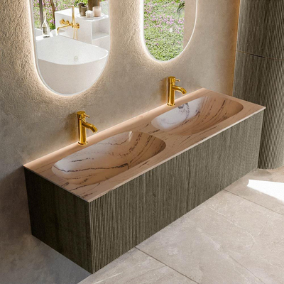 MONDIAZ KURVE-DLUX Meuble de salle de bains 140cm couleur Shadow avec 2 tiroirs et 0 portes. Lavabo STOR SMALL Double 2 trous de robinet Arena.