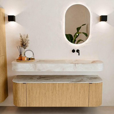 MONDIAZ THOR-DLUX 150cm badmeubel ronding links + rechts kleur Oak met 1 lade en 2 deuren. Vrijhangende wastafel CLOUD Rechts zonder kraangat kleur Frappe.