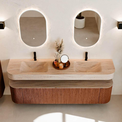 MONDIAZ THOR-DLUX 190cm meuble de salle de bains arrondi gauche + droite couleur Ruby avec 2 tiroirs et 2 portes. Vasque suspendue CLOUD Double 2 trous de robinet couleur Saba.