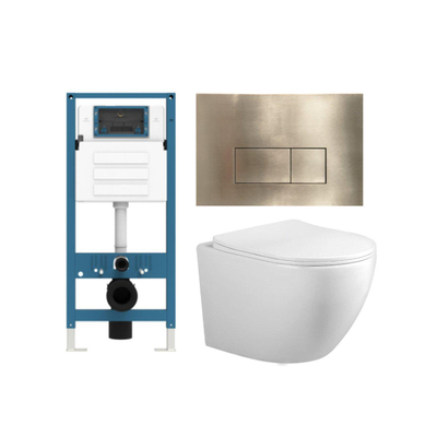 Adema Salina 2.0 Toiletset - 48.5x36x32cm - diepspoel - spoelrandloos - QeramiQ inbouwreservoir - softclose - quickrelease - toiletzitting - goud geborsteld metalen bedieningsplaat - rechthoekige knoppen - wit
