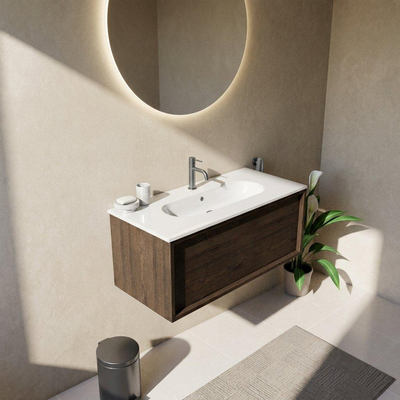 Saniclass Holz Frame Ensemble meuble de salle de bains - 100x45x53.9cm - Vasque en céramique Chaci blanche - 1 vasque - 1 trou de robinet - 1 tiroir - chêne charcoal mat (bois)