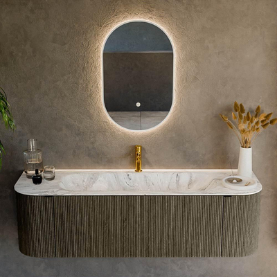 Mondiaz KURVE-DLUX Badkamermeubelset - 150x46x40cm - 1 lade - 2 deuren - wastafel solid surface - midden - 1 kraangat - Shadow