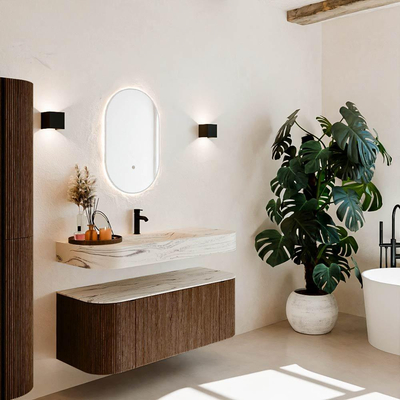 MONDIAZ THOR-DLUX 120cm meuble de salle de bains arrondi gauche + droite couleur Walnut avec 1 tiroir et 2 portes. Vasque suspendue CLOUD Milieu 1 trou de robinet couleur Nata.