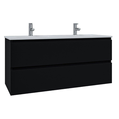 Saniclass Chaci Meuble de salle de bain - 120x46x55cm - lavabo en céramique blanc - 2 vasques - 2 trous de robinet - 2 tiroirs - ronde miroir avec éclairage - noir mat