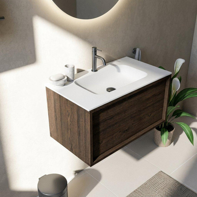 Saniclass Holz Frame Badkamermeubelset - 80x45x41.5cm - Flow solid surface wastafel wit - 1 wasbak - 1 kraangat - 1 lade - mat eiken charcoal (hout)