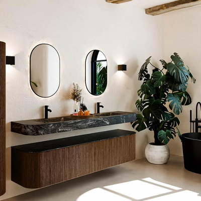 MONDIAZ THOR-DLUX Meuble de salle de bains 190cm arrondi gauche + droite couleur Walnut avec 2 tiroirs et 2 portes. Vasque suspendue CLOUD Double 2 trous de robinet couleur Lava.