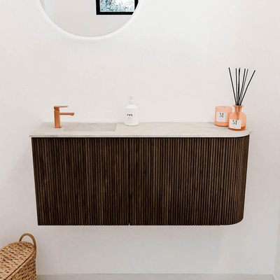 Mondiaz JOYA-DLUX 91.6cm toiletmeubel - ronding rechts kleur Walnut - Wastafel FAYE positie Links 1 kraangat kleur Ostra.