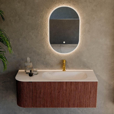 MONDIAZ KURVE-DLUX Meuble de salle de bains 115cm courbure à gauche couleur Ruby avec 1 tiroir et 1 porte. Plan-vasque BIG SMALL à droite 1 trou de robinet Meli.