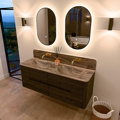 Mondiaz CIRO-DLUX Meuble de salle de bains ensemble - 140x45x50cm - vasque solid surface Sombra - 2 vasques double - sans trous de robinet - 4 tiroirs - Shadow