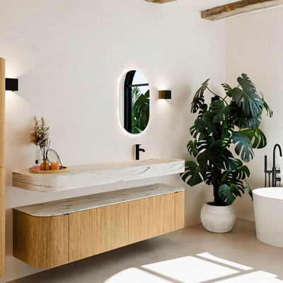 MONDIAZ THOR-DLUX 180cm meuble de salle de bains arrondi gauche + droite couleur Oak avec 2 tiroirs et 2 portes. Vasque suspendue CLOUD Droite 1 trou de robinet couleur Nata.