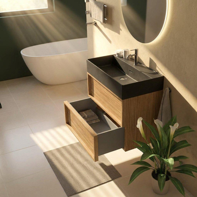 Saniclass Holz Frame Ensemble de meubles de salle de bains - 80x45x72cm - vasque Legend en céramique noir mat - 1 vasque - 1 trou de robinet - 2 tiroirs - chêne naturel mat (bois)