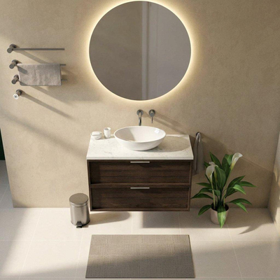 Saniclass Holz Frame Ensemble meuble de salle de bains - 100x45x63cm - Plan vasque en marbre Dia poli (blanc) - sans trou de robinet - 2 tiroirs - chêne charcoal mat (bois)