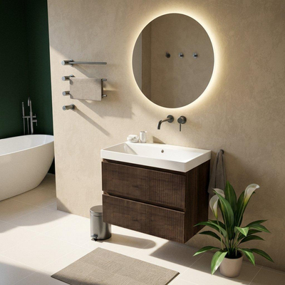 Saniclass Holz Atelier Ensemble meuble de salle de bains - 80x45x67.5cm - lavabo Wave en céramique - 1 vasque - sans trou de robinetterie - 2 tiroirs - chêne charcoal mat (bois)