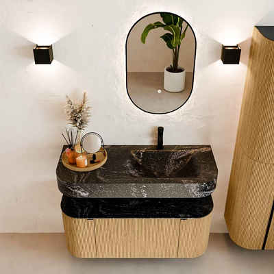 MONDIAZ THOR-DLUX 110cm badmeubel ronding links + rechts kleur Oak met 1 lade en 2 deuren. Vrijhangende wastafel CLOUD Rechts 1 kraangat kleur Lava.