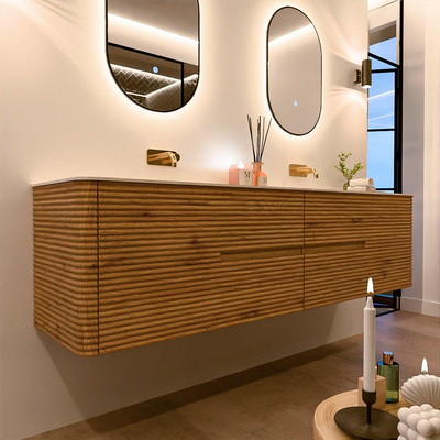 Mondiaz CIRO-DLUX Badkamermeubelset - 190x45x50cm - Solid surface wastafel Meli - 2 wasbak Dubbel - zonder kraangaten - 4 lades - Oak
