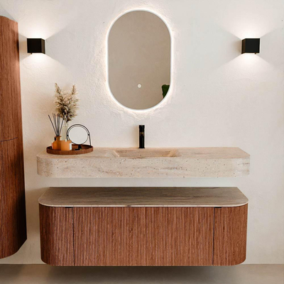 MONDIAZ THOR-DLUX 140cm meuble de salle de bains arrondi gauche + droite couleur Ruby avec 1 tiroir et 2 portes. Vasque suspendue CLOUD Milieu 1 trou de robinet couleur Saba.