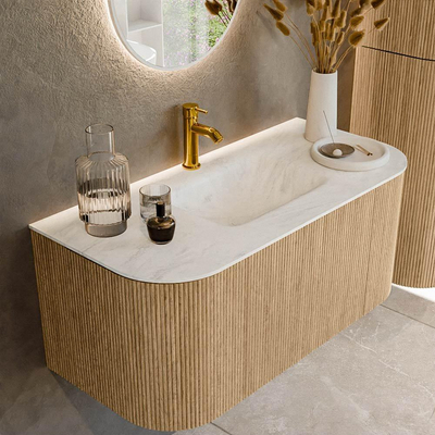 MONDIAZ KURVE-DLUX 100cm Meuble salle de bain avec module 25 G et D - couleur Oak - 1 tiroir - 2 portes - vasque GRUNNE centre - 1 trou de robinet - couleur Opalo