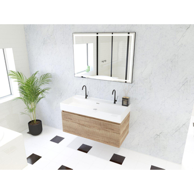 HR Matrix ensemble meuble de salle de bain 3d 100cm 1 tiroir sans poignée avec bandeau de poignée en couleur chêne français avec vasque kube 2 trous de robinetterie blanc