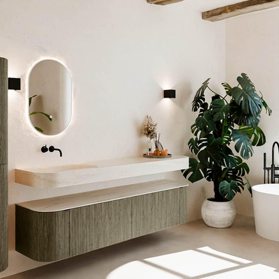 MONDIAZ THOR-DLUX Meuble de salle de bains 190cm arrondi gauche + droite couleur Shadow avec 2 tiroirs et 2 portes. Vasque suspendue CLOUD Gauche sans trou de robinet couleur Meli.