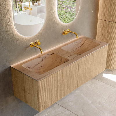 MONDIAZ KURVE-DLUX Meuble de salle de bains 130cm couleur chêne avec 2 tiroirs et 0 porte. Lavabo LEAF Double sans trou de robinet Arena.