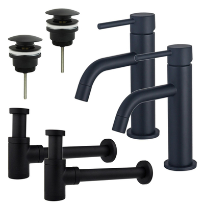 FugaFlow Eccelente Sobrado Slim Kit robinet lavabo - pour double vasque - robinet bas - bonde clic clac - siphon design bas - Noir mat