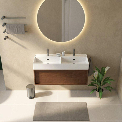 Saniclass Holz Frame Ensemble meuble de salle de bains - 120x45x52cm - Legend lavabo en céramique blanc - 2 vasques - 2 trous de robinetterie - 1 tiroir - mat walnut pure (bois)