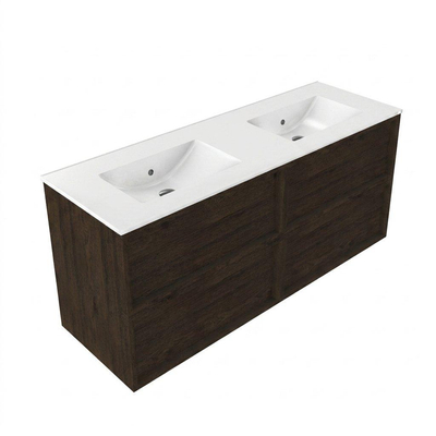 Saniclass Holz Frame Ensemble meuble de salle de bains - 140x45x62cm - lavabo Vygo en céramique blanc - 2 vasques - sans trous de robinetterie - 4 tiroirs - chêne charcoal brillant (bois)