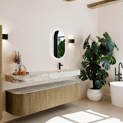 MONDIAZ THOR-DLUX Meuble de salle de bains 180cm arrondi gauche + droite couleur Dusk avec 2 tiroirs et 2 portes. Vasque suspendue CLOUD Droite 1 trou de robinet couleur Glace.