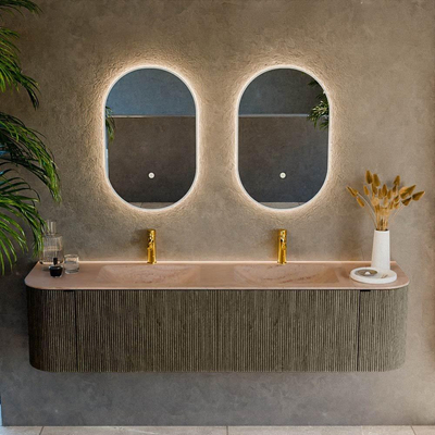 MONDIAZ KURVE-DLUX Meuble de salle de bains 180cm arrondi Gauche + Droite couleur Shadow avec 2 tiroirs et 2 portes. Lavabo LEAF Double 2 trous de robinet Saba.