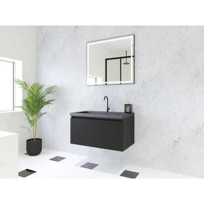 HR Matrix ensemble meuble de salle de bain 3d 80cm 1 tiroir sans poignée avec bandeau couleur noir mat avec vasque djazz 1 trou pour robinet noir mat