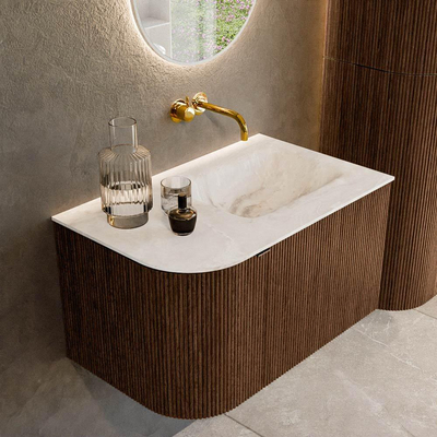 MONDIAZ KURVE-DLUX meuble de salle de bains 75cm avec module 25 L couleur Walnut avec 1 tiroir et 1 porte. Lavabo GRUNNE à droite sans trou de robinet couleur Frappe.