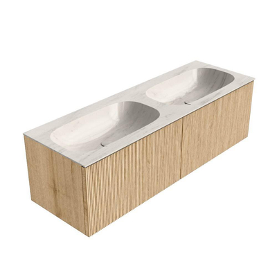 MONDIAZ KURVE-DLUX Meuble de salle de bains 140cm couleur Oak avec 2 tiroirs et 0 portes. Lavabo STOR SMALL Double sans trou de robinet Meli.