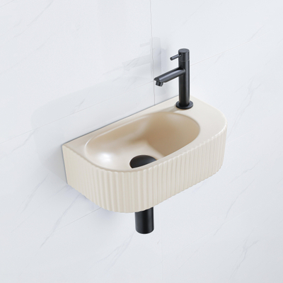 Fugaflow Efficiente Pietra Ensemble lave-mains - 40x21.5x12cm - droite - rainuré - semi-circulaire - 1 trou de robinet - céramique - robinet de lave-mains noir mat - bonde - siphon abaissé - beige