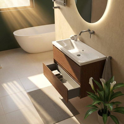 Saniclass Holz Pure Ensemble meuble de salle de bains - 100x45x63.5cm - lavabo en céramique Bari blanc - 1 vasque - sans trou de robinet - 2 tiroirs - walnut pure mat (bois)