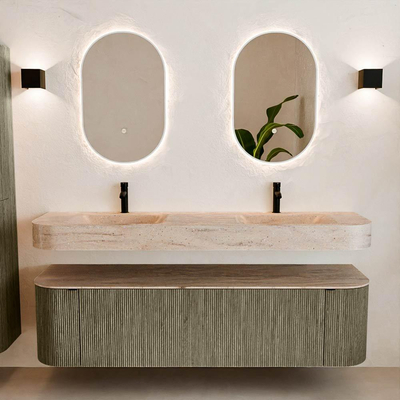 MONDIAZ THOR-DLUX Meuble de salle de bains - 170cm - arrondi gauche + droite - couleur Shadow - 1 tiroir - 2 portes - Vasque suspendue CLOUD Double 2 trous de robinet - couleur Saba