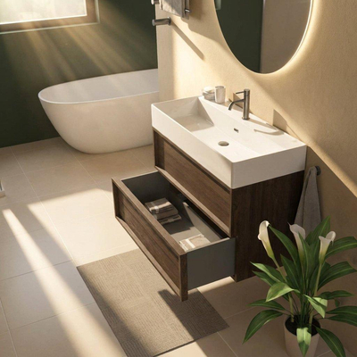 Saniclass Holz Frame Ensemble de meubles de salle de bains - 100x45x72cm - Legend lavabo en céramique blanc - 1 vasque - 1 trou de robinet - 2 tiroirs - chêne charbon mat (bois)