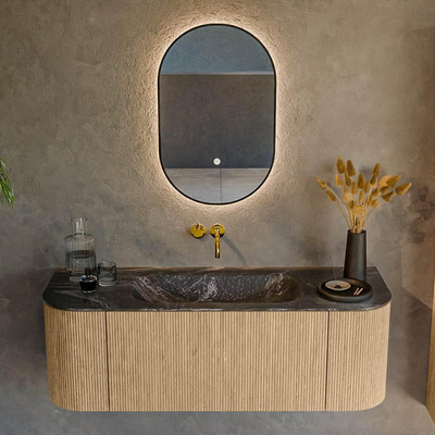 MONDIAZ KURVE-DLUX 130cm Meuble salle de bain avec module 25 G et D - couleur Oak - 1 tiroir - 2 portes - vasque BIG SMALL centre - sans trou de robinet - couleur Lava