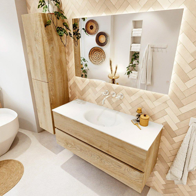 MONDIAZ VICA 120cm badmeubel onderkast Washed Oak 2 lades. Wastafel MOON midden zonder kraangat, kleur Talc.