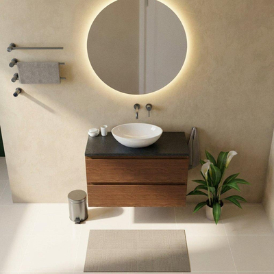 Saniclass Holz Pure Ensemble de meubles de salle de bains - 100x45x63cm - plan vasque en basalte Noche poli (noir) - sans trou de robinetterie - 2 tiroirs - walnut pure mat (bois)