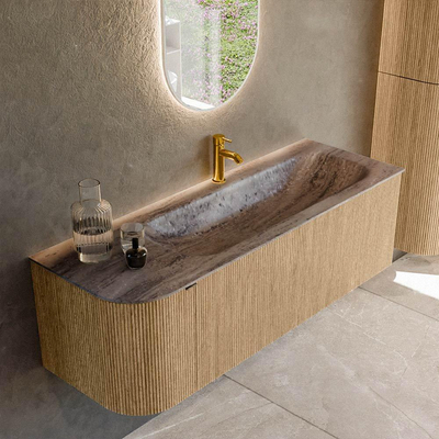 MONDIAZ KURVE-DLUX meuble de salle de bains 135cm arrondi à gauche couleur Chêne avec 1 tiroir et 1 porte. Lavabo BIG MEDIUM à droite 1 trou de robinet Oza.