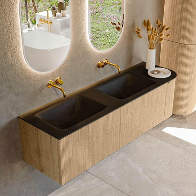 MONDIAZ KURVE 155cm badmeubel met module 25 R kleur Oak met 2 lades en 1 deur. Wastafel CLOUD dubbel / links zonder kraangat Urban.