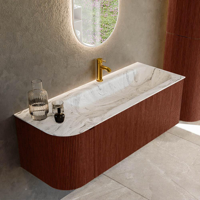 Mondiaz KURVE-DLUX Ensemble de meuble salle de bain - 125x46x40cm - 1 tiroir - 1 porte - lavabo en solid surface - droite - 1 trou de robinet - Ruby