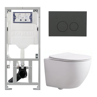 Pack WC QeramiQ Dely Swirl Compact - réservoir encastrable Geberit UP320 - avec bâti-support Burda - abattant slim - plaque de commande en plastique anthracite mat - boutons ronds - blanc mat